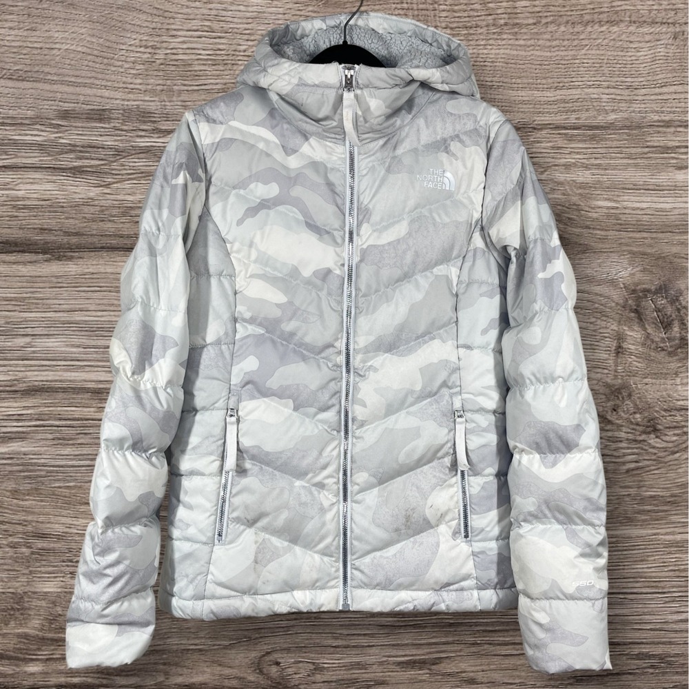 The‎ North Face TNF 550 Down Puffer Camo Jacket Women S White Camouflage Hooded